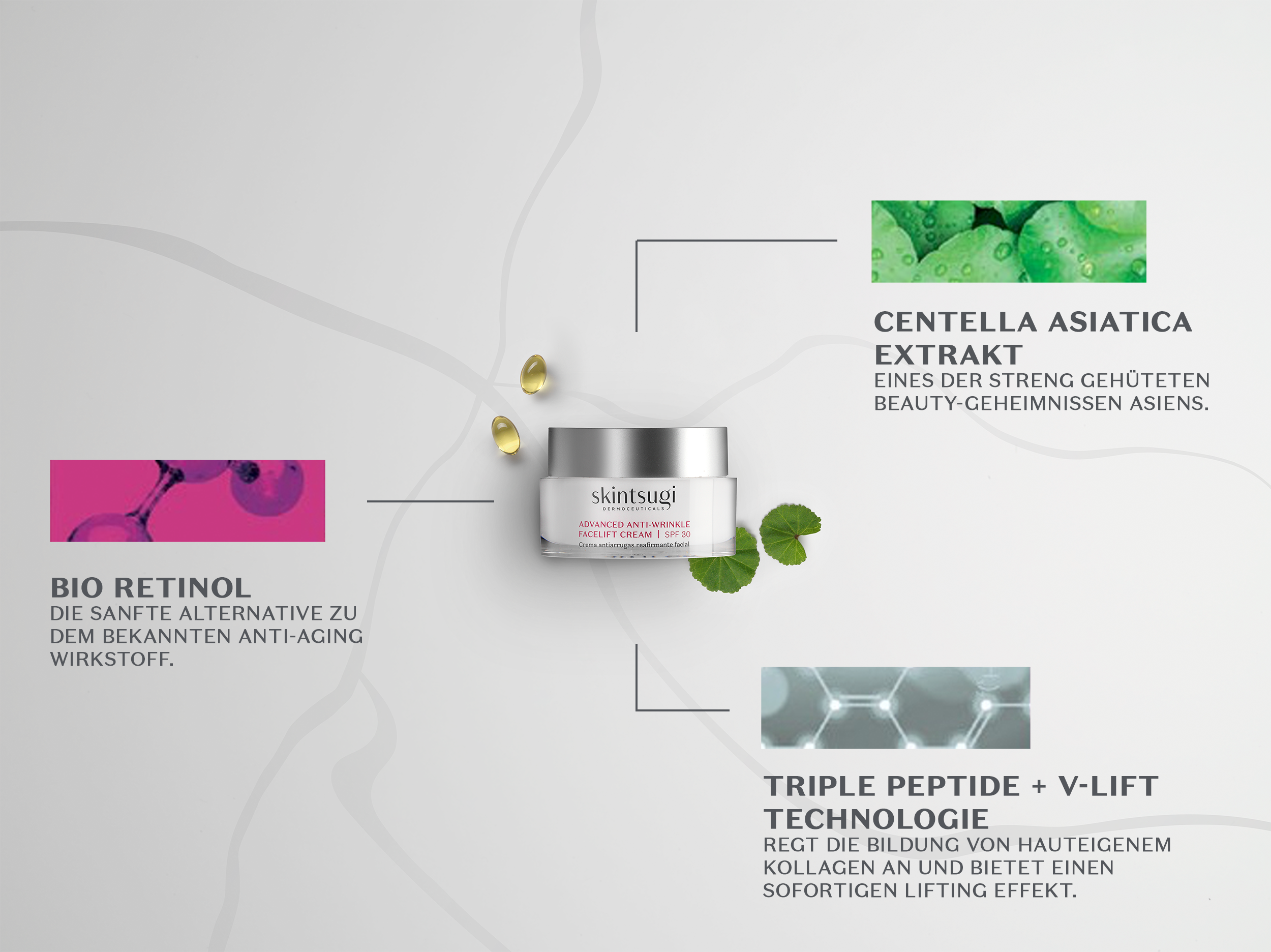 Die wirksamen Inhaltsstoffe der Skintsugi Advanced Anti-Wrinkle Facelift Cream (Bio Retinol, Centella Asiatica Extrakt, Triple Petide)